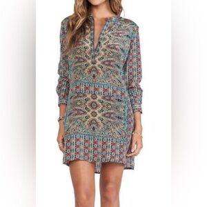 Tolani Lorraine Silk Long Sleeve Blue and Red Patterned Midi Dress Size Medium